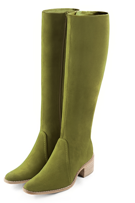 Pistachio green women's riding knee-high boots. Round toe. Low leather soles. Made to measure. Front view - Florence KOOIJMAN